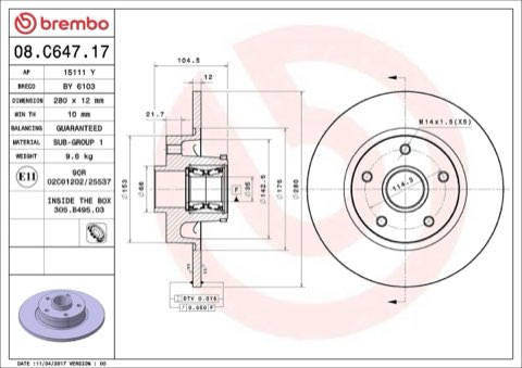 Brembo Prime 08.C647.17 Brake Disc — Rear 280mm, photo 5