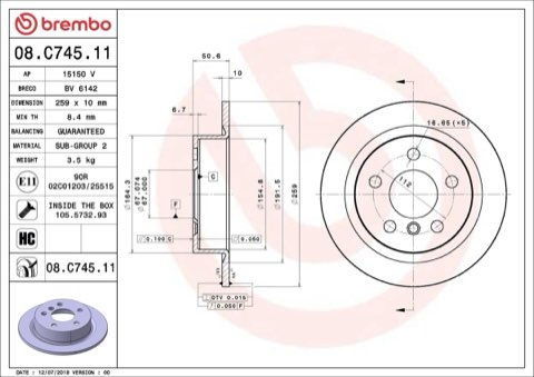 Brembo Prime 08.C745.11 Brake Disc — Rear 259mm, photo 7