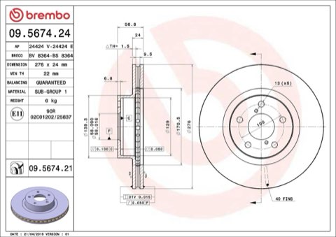Brembo Prime 09.5674.21 Brake Disc — Front 276mm, photo 4