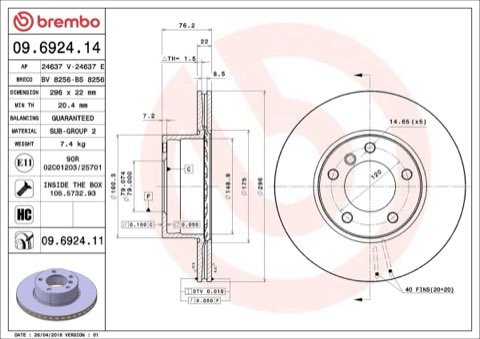 Brembo Prime 09.6924.11 Brake Disc — Front 296mm, photo 4