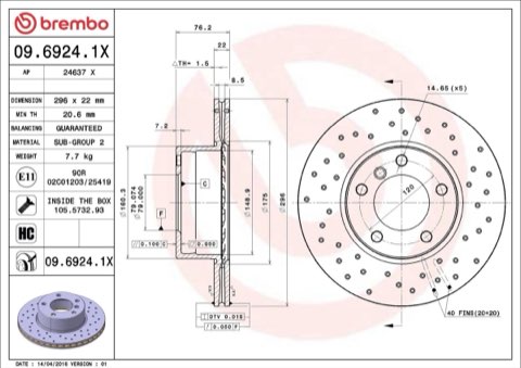 Brembo Xtra 09.6924.1X Brake Disc — Front 296mm, photo 4