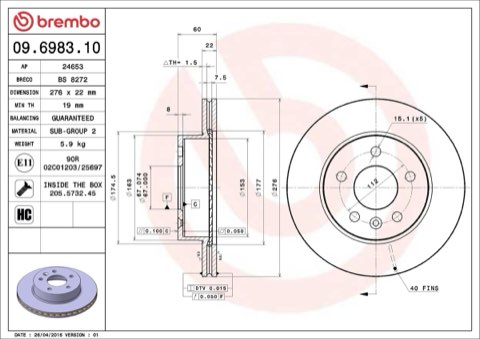 Brembo Prime 09.6983.10 Brake Disc — 276mm, photo 4