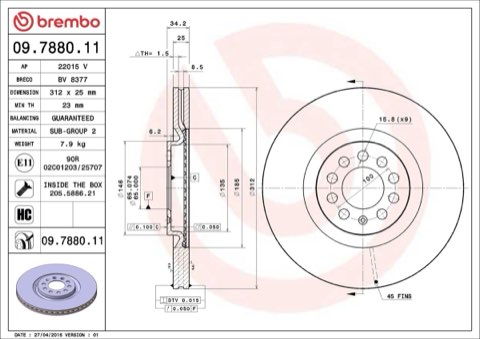 Brembo Prime 09.7880.11 Brake Disc — Front 312mm, photo 4
