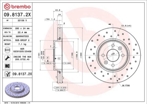 Brembo Xtra 09.8137.2X Brake Disc — 280mm, photo 4