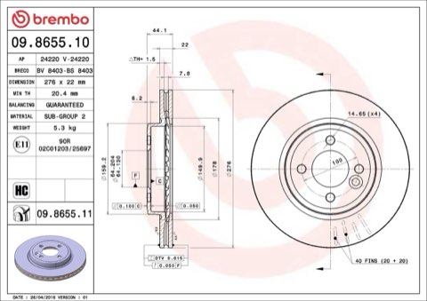 Brembo Prime 09.8655.11 Brake Disc — Front 276mm, photo 4