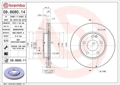 Brembo Prime 09.8680.11 Brake Disc — Front 276mm, photo 8