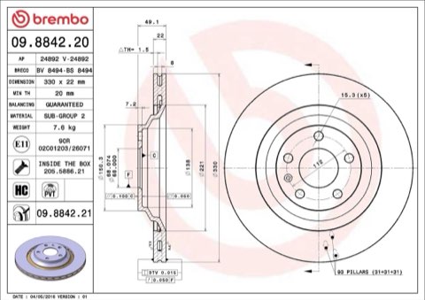 Brembo Prime 09.8842.21 Brake Disc — Rear 330mm, photo 4