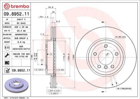 Brembo Prime 09.8952.11 Brake Disc — Front 325mm, photo 4