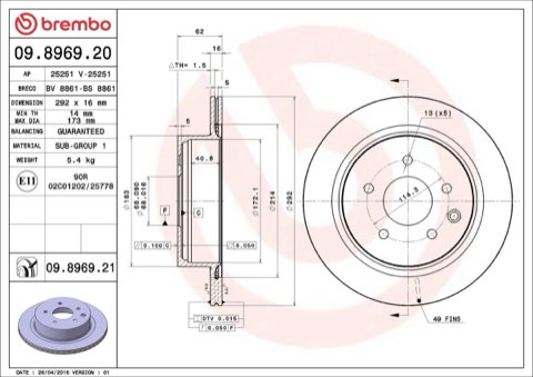 Brembo Prime 09.8969.21 Brake Disc — Rear 292mm, photo 5