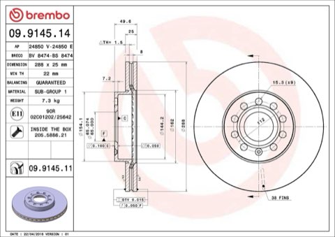 Brembo Prime 09.9145.11 Brake Disc — Front 288mm, photo 4