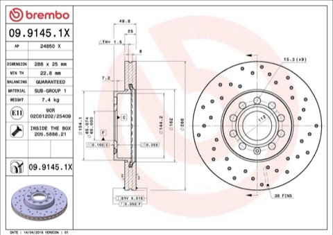 Brembo Xtra 09.9145.1X Brake Disc — Front 288mm, photo 4