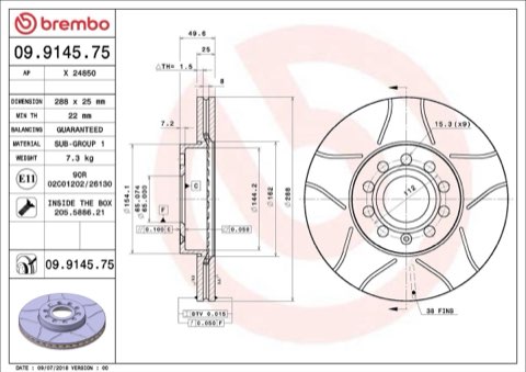 Brembo Xtra 09.9145.75 Brake Disc — Front 288mm, photo 5