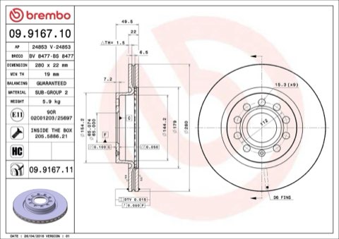 Brembo Prime 09.9167.11 Brake Disc — Front 280mm, photo 4