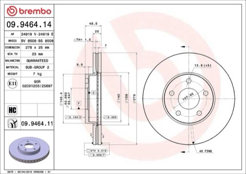 Brembo Prime 09.9464.11 Brake Disc — Front 278mm, photo 4