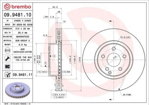 Brembo Prime 09.9481.11 Brake Disc — Front 312mm, photo 4