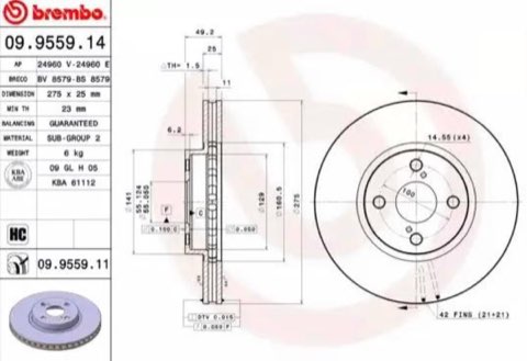 Brembo Prime 09.9559.11 Brake Disc — 275mm, photo 2