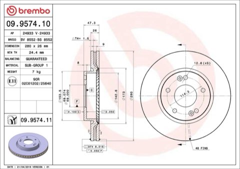 Brembo Prime 09.9574.11 Brake Disc — Front 280mm, photo 5