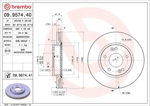 Brembo Prime 09.9574.40 Brake Disc — Front 280mm, photo 4