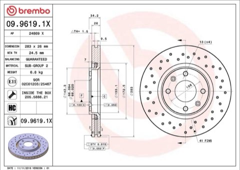 Brembo Xtra 09.9619.1X Brake Disc — Front 283mm, photo 4