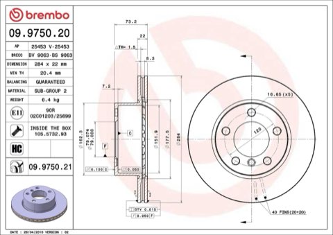 Brembo Prime 09.9750.21 Brake Disc — Front 284mm, photo 6