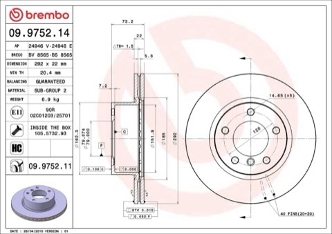 Brembo Prime 09.9752.11 Brake Disc — Front 292mm, photo 4