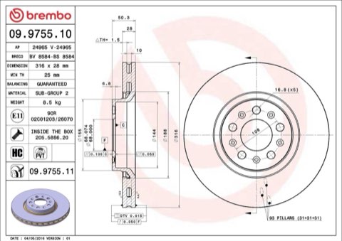 Brembo Prime 09.9755.11 Brake Disc — 316mm, photo 2