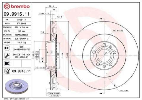 Brembo Prime 09.9915.11 Brake Disc — Front 360mm, photo 3