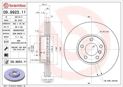 Brembo Prime 09.9923.11 Brake Disc — Front 332mm, photo 3