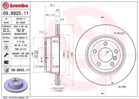 Brembo Prime 09.9925.11 Brake Disc — Rear 320mm, photo 2