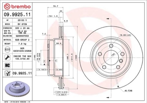 Brembo Prime 09.9925.11 Brake Disc — Rear 320mm, photo 8