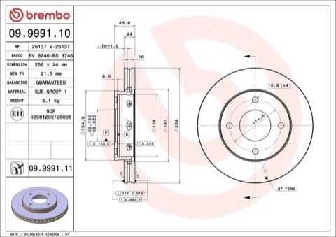 Brembo Prime 09.9991.11 Brake Disc — Front 256mm, photo 5