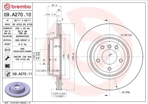 Brembo Prime 09.A270.11 Brake Disc — Rear 336mm, photo 4