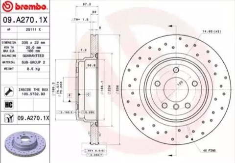 Brembo Xtra 09.A270.1X Brake Disc — Rear 336mm, photo 2