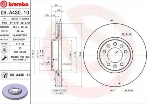 Brembo Prime 09.A430.11 Brake Disc — Front 304mm, photo 2