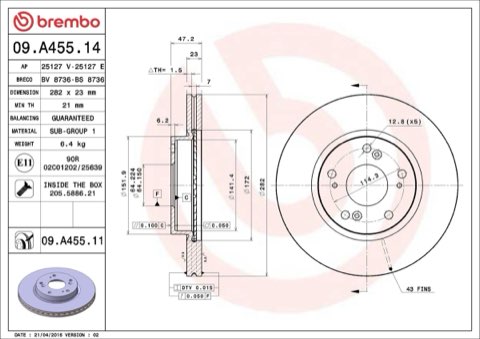 Brembo Prime 09.A455.11 Brake Disc — Front 282mm, photo 7