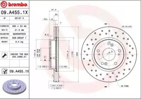 Brembo Xtra 09.A455.1X Brake Disc — Front 282mm, photo 2
