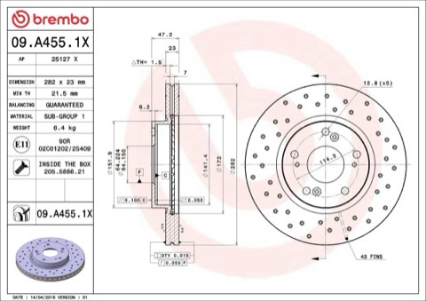 Brembo Xtra 09.A455.1X Brake Disc — Front 282mm, photo 8