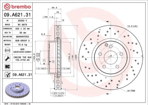 Brembo Prime 09.A621.31 Brake Disc — Front 322mm, photo 3
