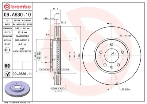 Brembo Prime 09.A630.11 Brake Disc — Front 296mm, photo 4