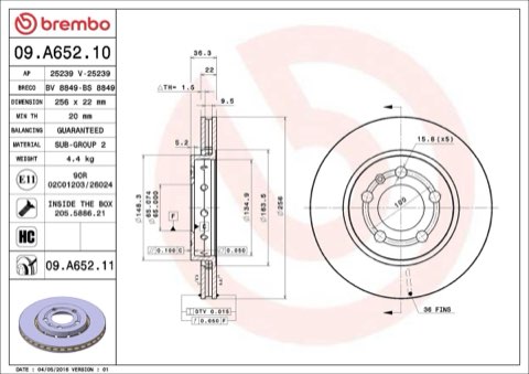 Brembo Prime 09.A652.11 Brake Disc — Rear 256mm, photo 5