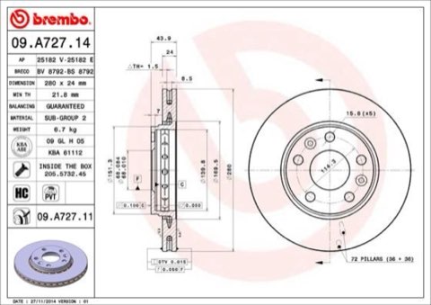 Brembo Prime 09.A727.14 Brake Disc — Front 280mm, photo 6