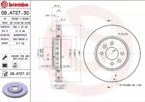 Brembo Prime 09.A727.31 Brake Disc — Front 280mm, photo 2