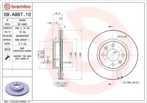 Brembo Prime 09.A867.10 Brake Disc — Front 252mm, photo 4