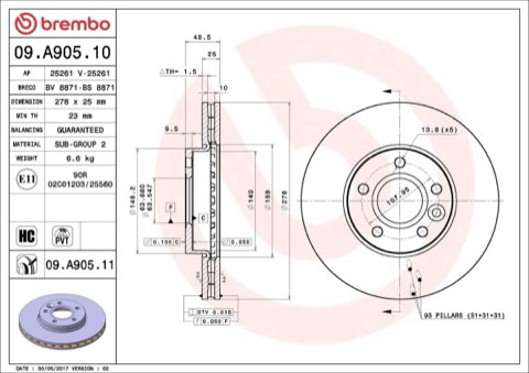 Brembo Prime 09.A905.10 Brake Disc — Front 278mm, photo 5