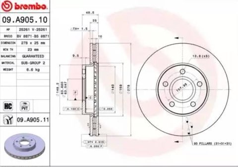 Brembo Prime 09.A905.11 Brake Disc — Front 278mm, photo 2