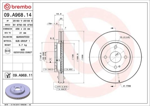 Brembo Prime 09.A968.11 Brake Disc — Front 258mm, photo 4