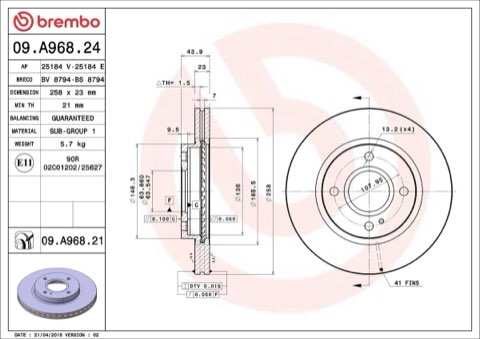 Brembo Prime 09.A968.24 Brake Disc — Front 258mm, photo 5