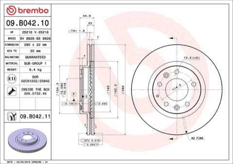Brembo Prime 09.B042.11 Brake Disc — 290mm, photo 4