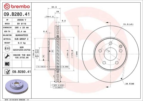 Brembo Prime 09.B280.41 Brake Disc — Front 295mm, photo 5