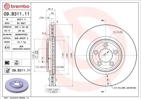 Brembo Prime 09.B311.11 Brake Disc — Front 326mm, photo 3